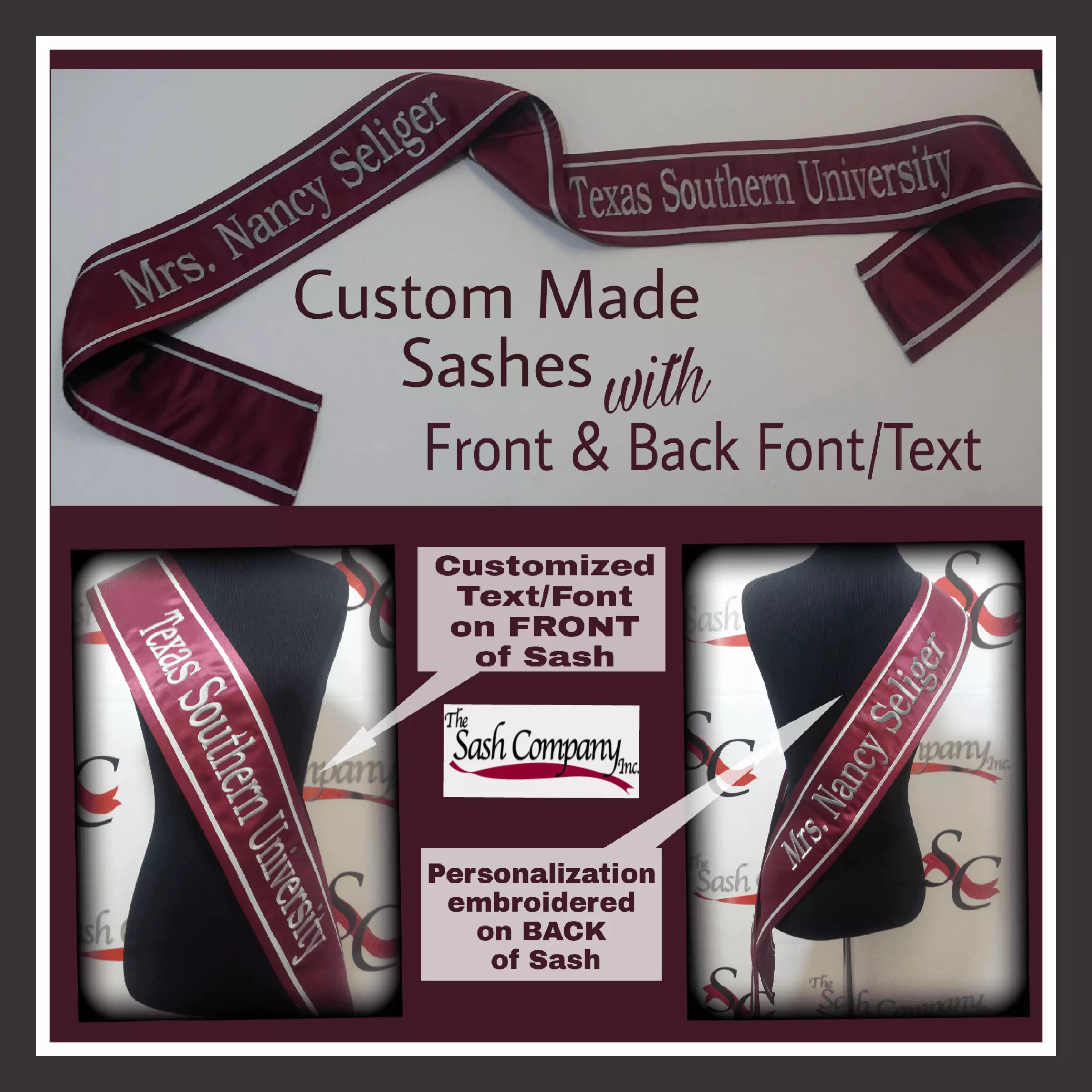 Texas Southern University Custom-Made Sash with Front and Back Text